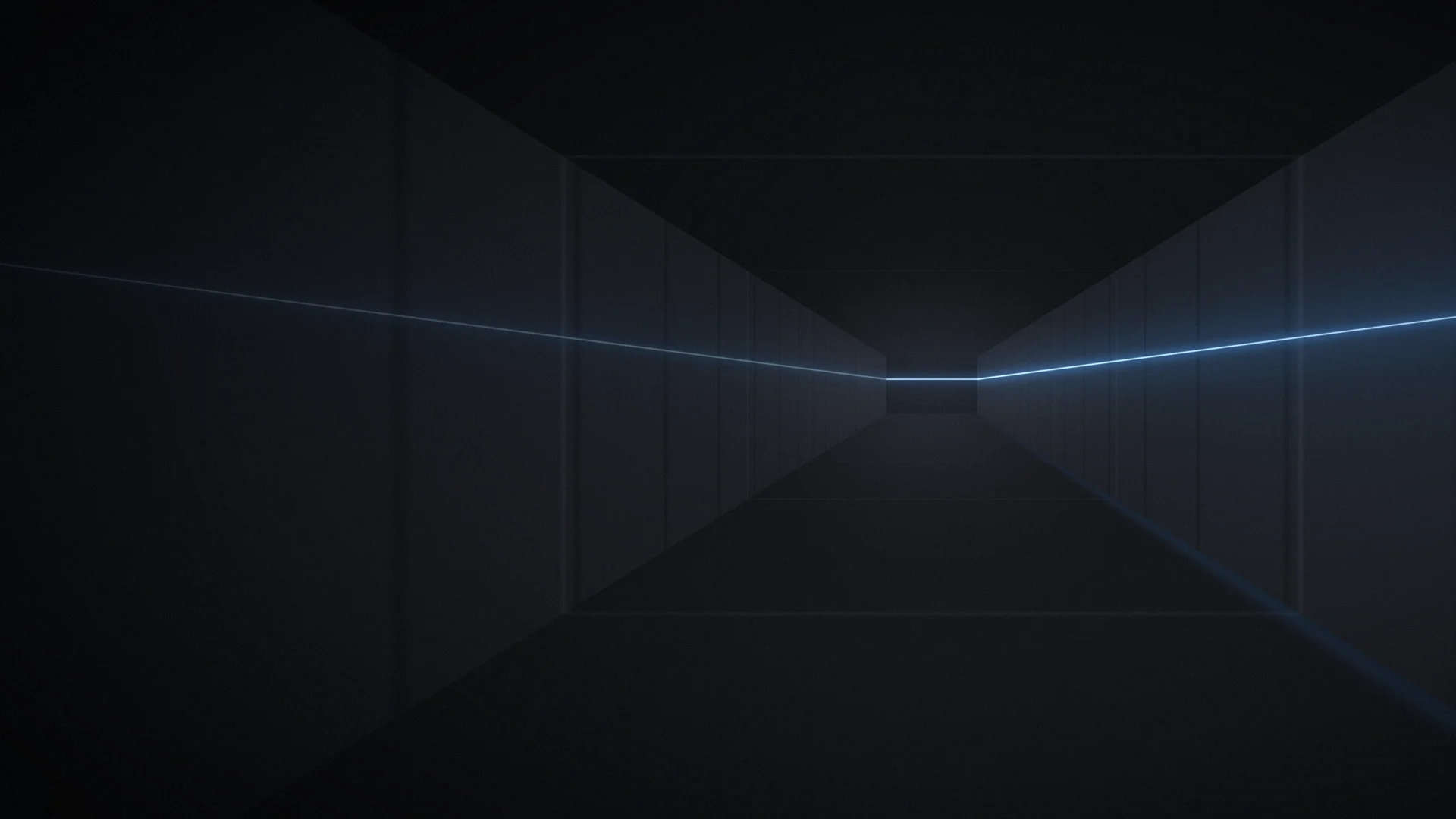 A dark architectural space crossed by a precise blue line of light